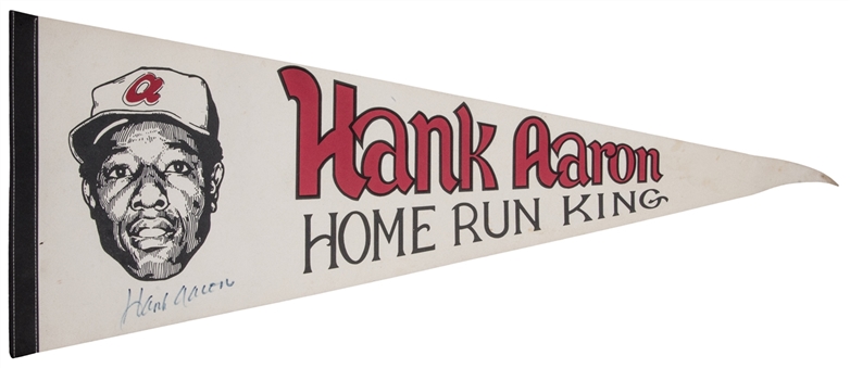Hank Aaron Autographed "Home Run King" Pennant (PSA/DNA)